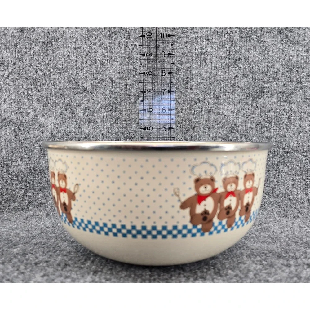 Vtg Set of 3 B&D Enamel Mixing Bowls Teddy Bear Chef w/ 2 Lids Metal 80s Rare